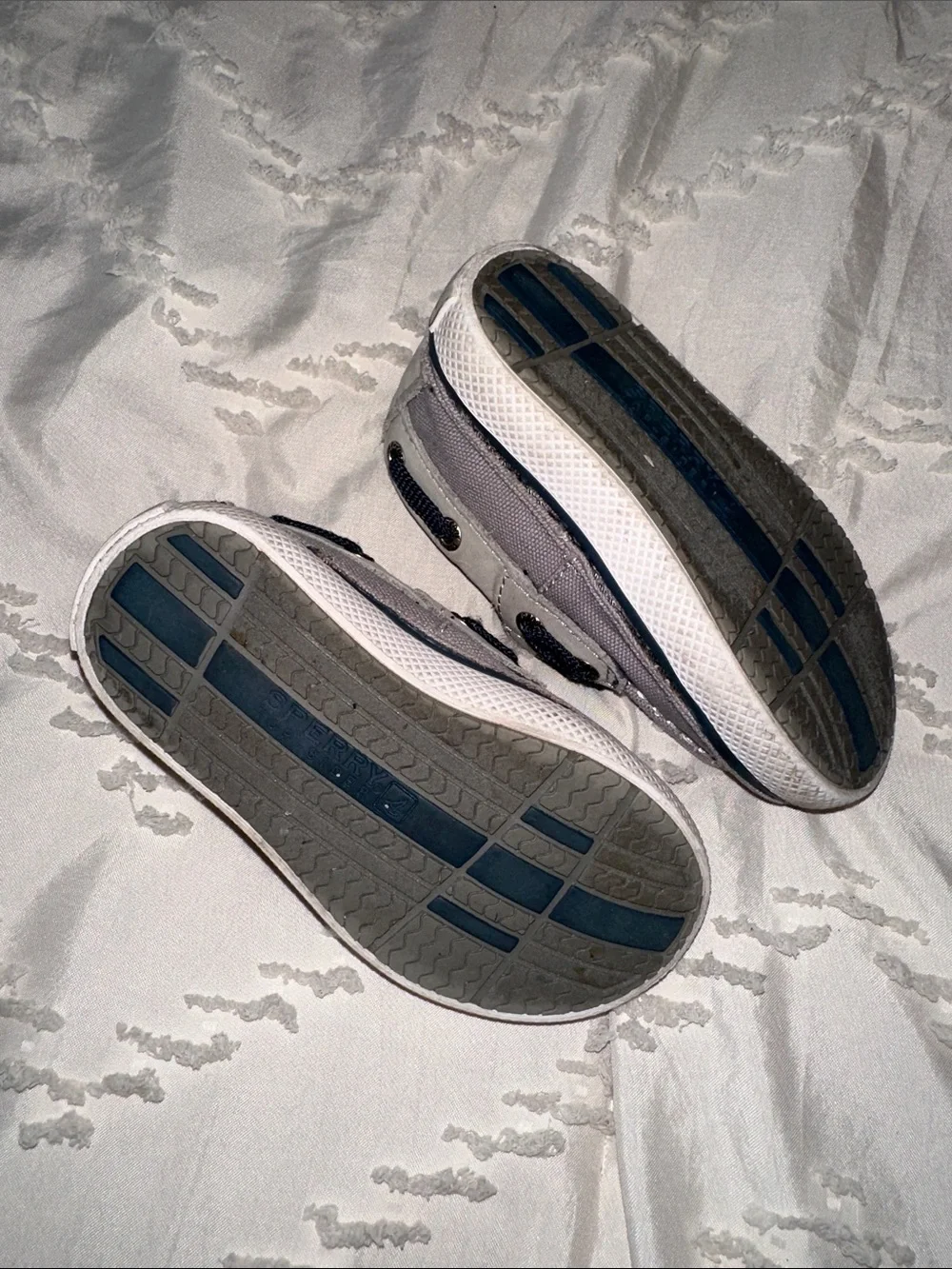 Sperry Kids Light Gray Canvas Boat Shoes with Navy Laces